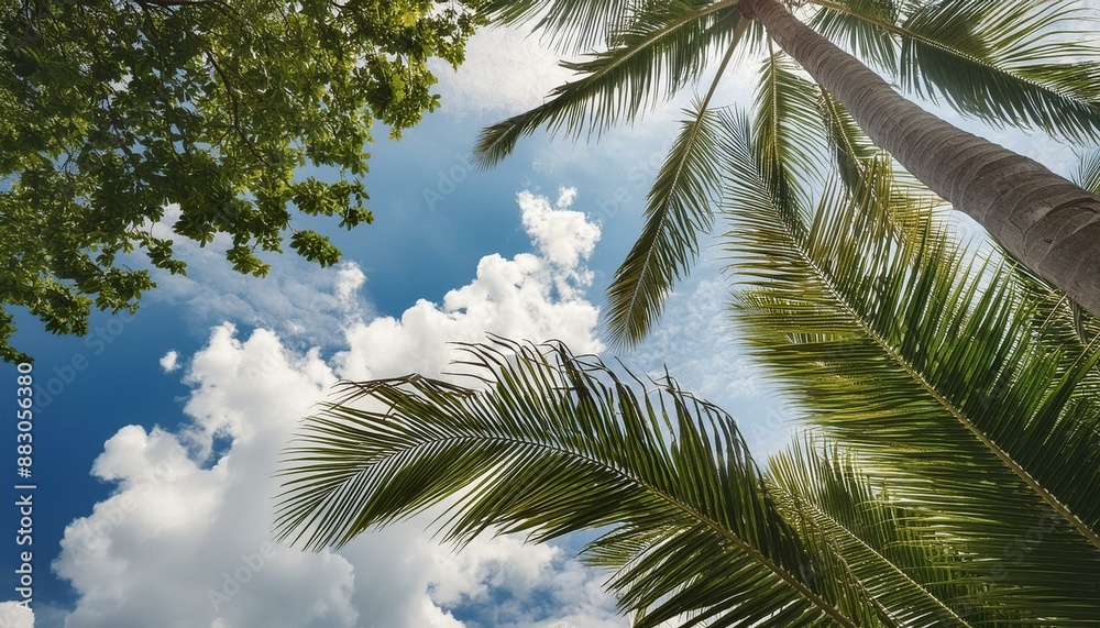 low-angle perspective showing the sky with clouds, a coconut palm low-angle perspective showing the sky with clouds, a coconut palm