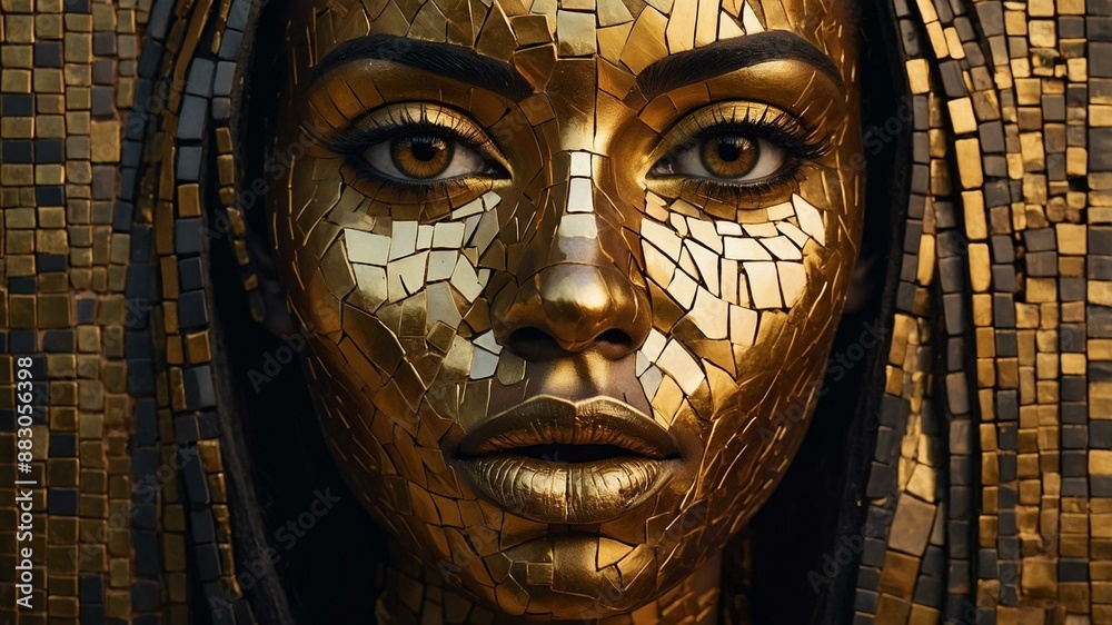Close-up image of a face covered in golden mosaic tiles with open eyes, symbolizing artistry and elegance. Close-up image of a face covered in golden mosaic tiles with open eyes, symbolizing artistry and elegance.