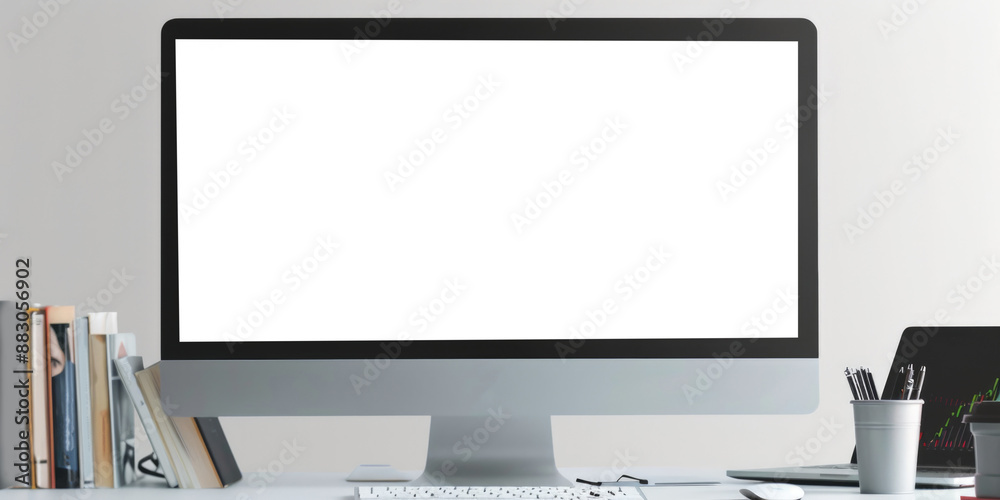 Fototapeta premium computer blank screen on table with coffee background, mockup, template for your text, ai generated