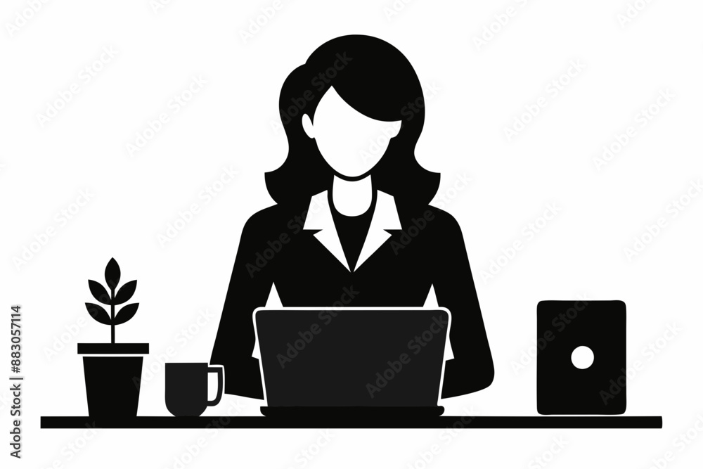 silhouette of woman working on laptop at desk. Vector illustration
silhouette of woman working on laptop at desk. Vector illustration