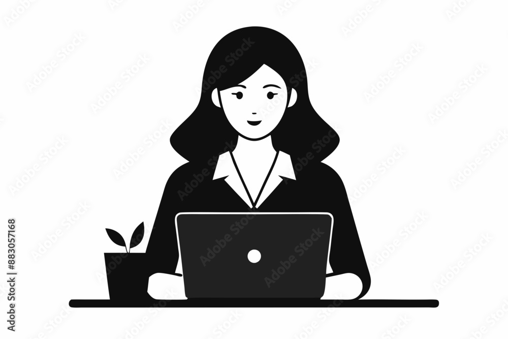 Business woman working on laptop black silhouette
Business woman working on laptop black silhouette