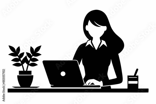 
silhouette of woman working on laptop at desk. Vector illustration
