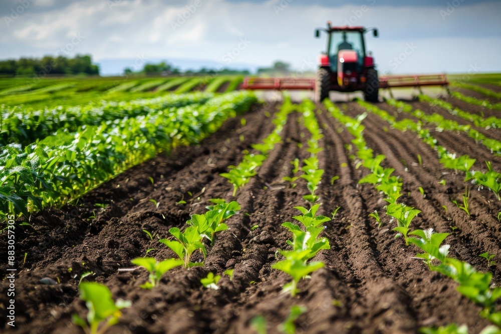 Obraz premium A red tractor cultivates rows of young crops on a sunny day, with a field of green crops visible in the background