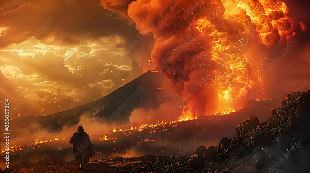 Mount Vesuvius eruption in ancient Italy person fleeing ash smoke and