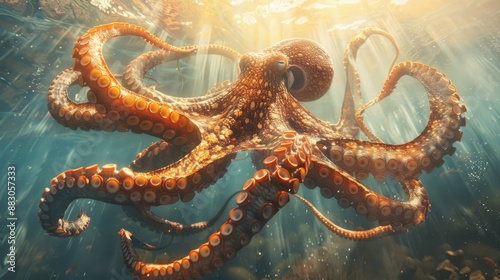 VMajestic Octopus in Sunlit Waters. Big octopus with sunbeams filtering through water.