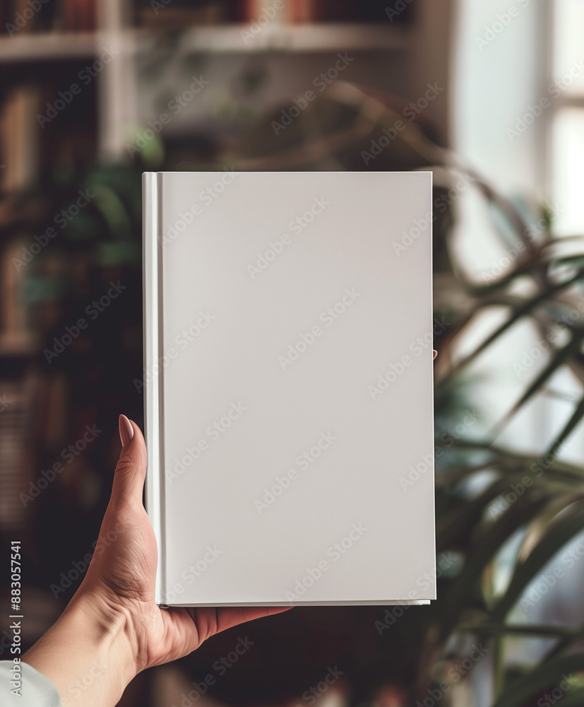 A person is holding a white book with a blank page, mockup A person is holding a white book with a blank page, mockup