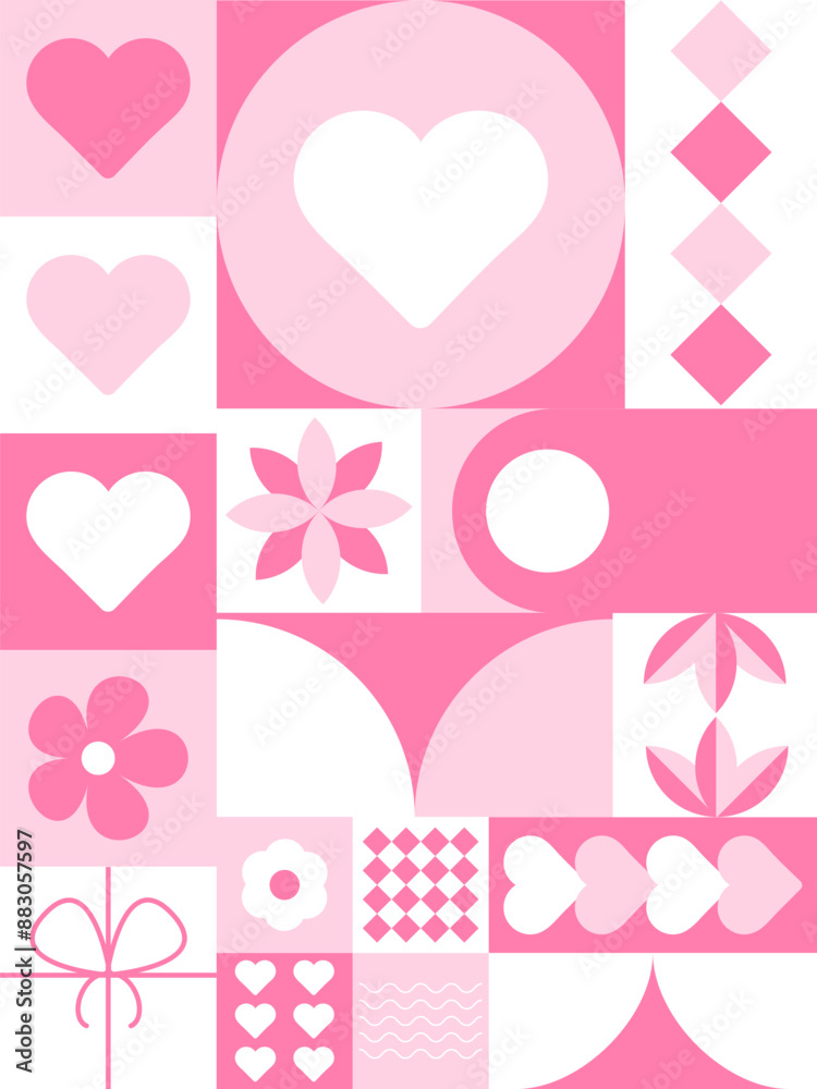 Valentine's day sale background. Love and heart. Trendy geometric shapes with circles, squares and hearts in retro style for a Valentine's Day sale background