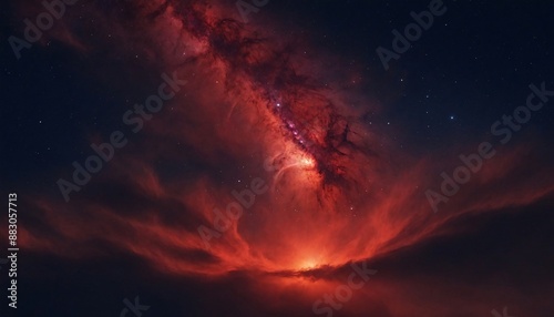 a starry night sky a dramatic, fiery red nebula. background  deep, dark blue black,representing vast space.  cosmic, blue, dust, telescope, solar, orange, 