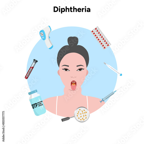 Diphtheria medical illustration with woman medicine antibiotics electronic thermometer blood tube test and medicine 