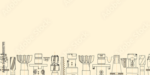 Mechanical engineering drawings on sepia background. Tap tools, borer. Technical Design. Cover. Blueprint. Seamless pattern. Vector illustration.