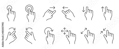 Phone hand gestures. Hand gesture for touchscreen devices, slide touch phone. Zoom move swipe press finger actions, vector symbols set