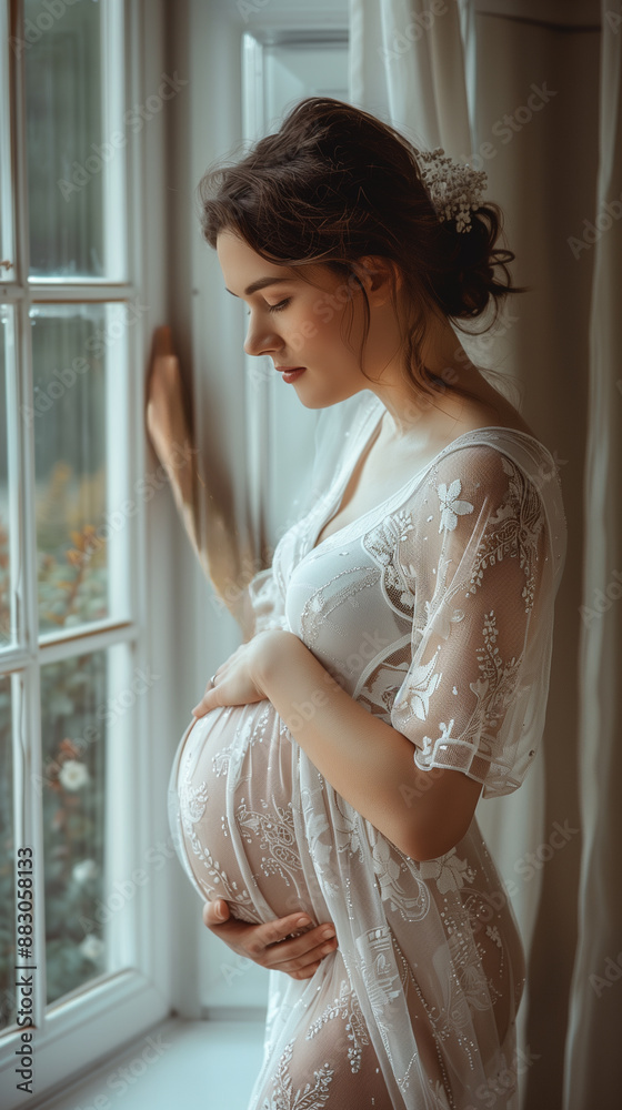Fototapeta premium Beautiful pregnant woman touching her belly standing by the window at home