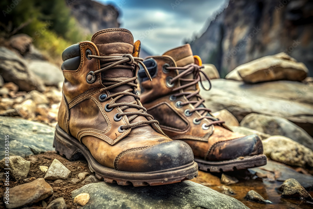 Two brown boots with laces on a rocky surface. The boots are worn and dirty, giving the impression of a rugged, outdoorsy look Two brown boots with laces on a rocky surface. The boots are worn and dirty, giving the impression of a rugged, outdoorsy look