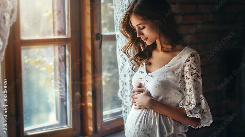 Fototapeta premium Beautiful pregnant woman touching her belly standing by the window at home 