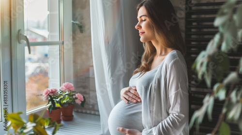 Beautiful pregnant woman touching her belly standing by the window at home 