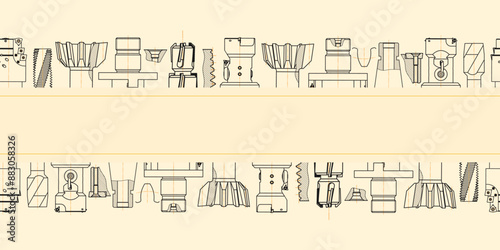 Mechanical engineering drawings on sepia background. Tap tools, borer. Technical Design. Cover. Blueprint. Seamless pattern. Vector illustration.