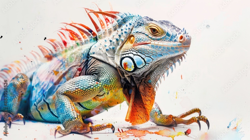 A reptile sitting on the ground with colorful paint stains, perfect for illustrations or creative projects A reptile sitting on the ground with colorful paint stains, perfect for illustrations or creative projects
