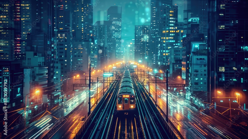 Urban Cityscape with Train Night Lights Urban Cityscape with Train Night Lights