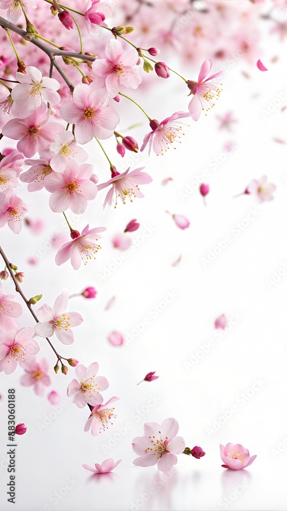 Delicate Pink Cherry Blossoms Falling Against a White Background. Generative AI Delicate Pink Cherry Blossoms Falling Against a White Background. Generative AI