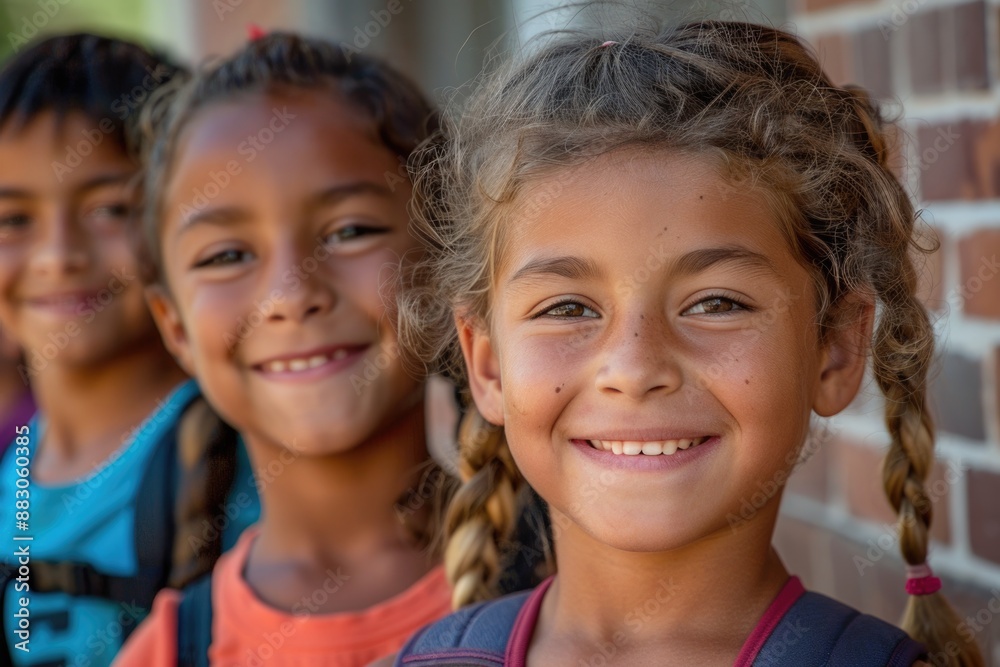 Fototapeta premium american Students children walking to school together, looking to camera. ai generated