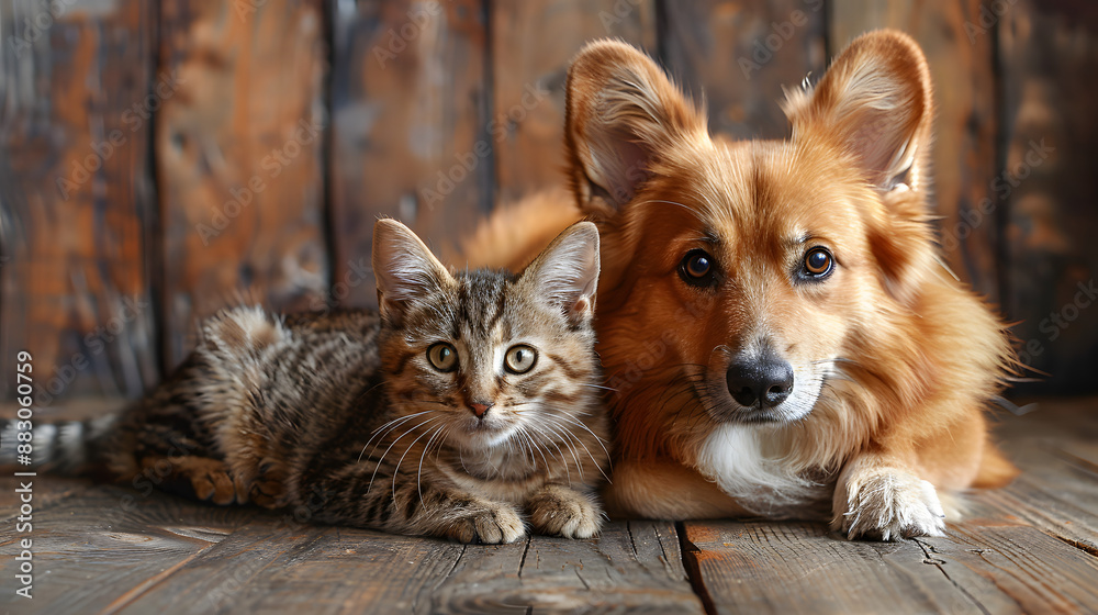 Adorable kitten and corgi dog lying together on wooden floor, highlighting the bond between pets in a cozy, rustic setting. Adorable kitten and corgi dog lying together on wooden floor, highlighting the bond between pets in a cozy, rustic setting.