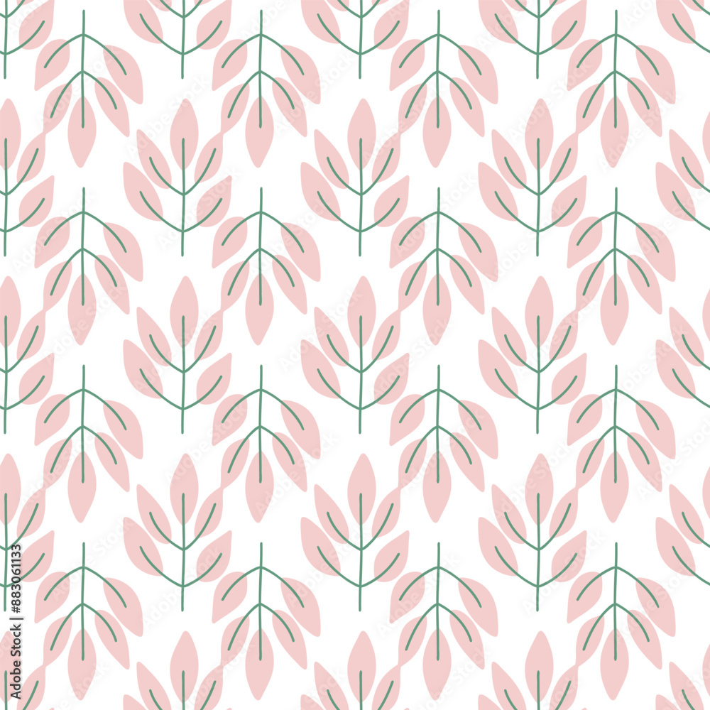 Pink leaves seamless pattern for fabric, postcard, banner, wrapping paper. Pastel colors.