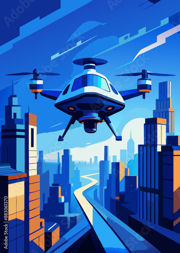 futuristic roto passenger drone flying in the sky over city for future air transportation and robotaxi concept with copy space area