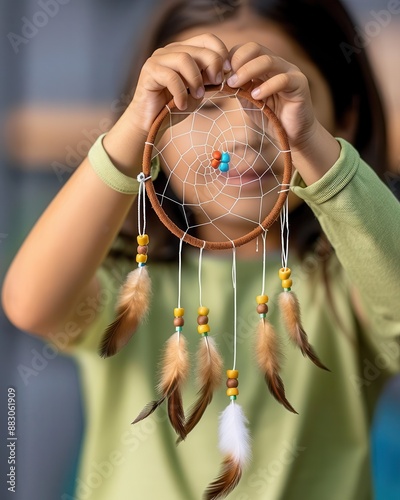 A child creating a dream catcher, symbolizing the protection of dreams