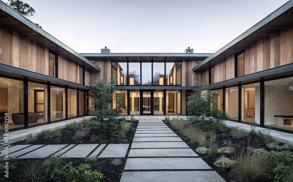 custom made wallpaper toronto digitalThe image is of a modern house with a courtyard in the center. The house is made of wood and glass, with a flat roof. The courtyard has a path leading to the front door, with plants and bushes on eith