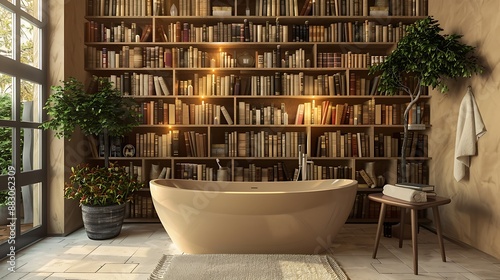 A warm, inviting bathroom with a beige tub and a mockup wall showcasing a cozy, library interior  © kashif