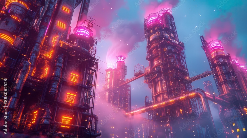 Obraz premium Futuristic industrial cityscape at dusk with neon lights, towering structures, and a vibrant, colorful atmosphere