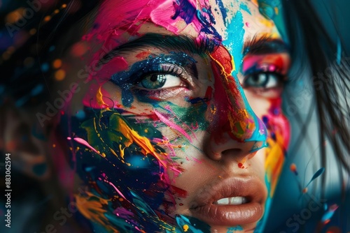 Young woman with vibrant abstract paint strokes on her face colorful and artistic effect © DK_2020