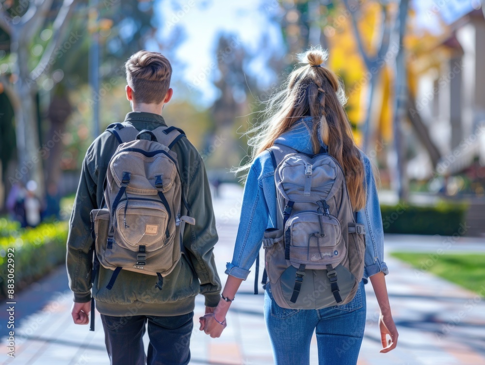 teen Students walking to school together, looking to camera. ai generated teen Students walking to school together, looking to camera. ai generated