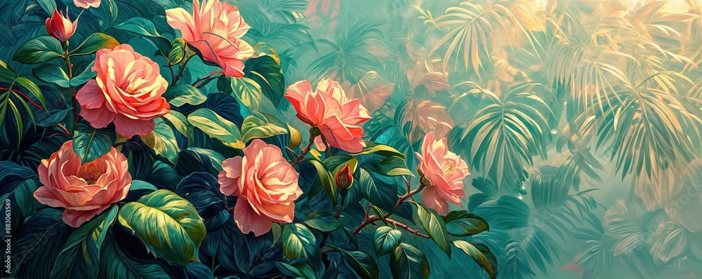 Pink Roses in a Lush Tropical Garden Pink Roses in a Lush Tropical Garden