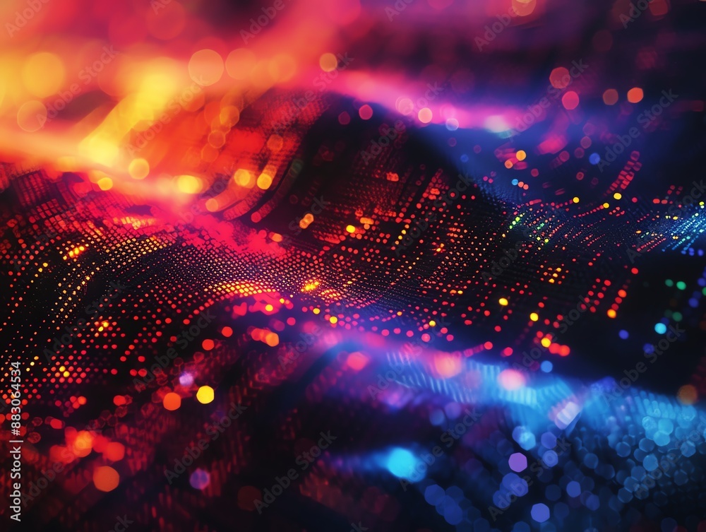 Abstract digital landscape with vibrant red, blue and orange hues.