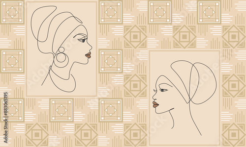 Beige background of squares with geometric ornaments and African women in national headdress in line art drawing. Female portraits in profile and ceramic tiles. Vector design for banner, poster, flyer