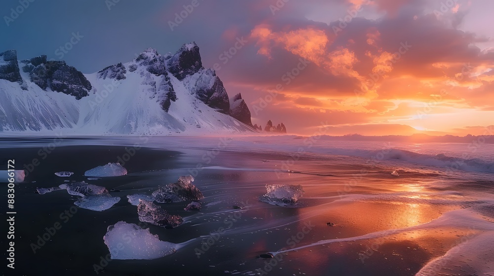 Naklejka premium Icebergs on black sand beach with a colorful sunrise and snow-covered mountains in the background. 