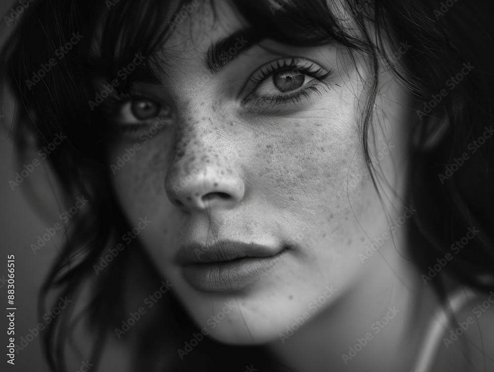 Portrait of a woman with distinctive freckles, suitable for use in beauty or lifestyle contexts Portrait of a woman with distinctive freckles, suitable for use in beauty or lifestyle contexts