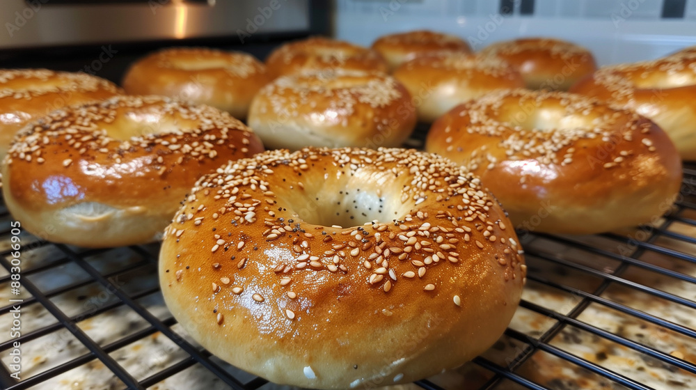A batch of freshly baked sourdough bagels, golden brown, ready to be served with your favorite creamy cheese. A batch of freshly baked sourdough bagels, golden brown, ready to be served with your favorite creamy cheese.