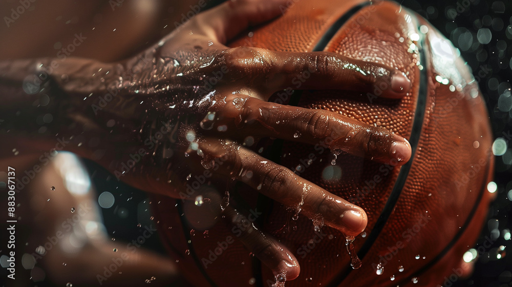 Fototapeta premium A close shot of a basketball player's hands holding the ball, with beads of sweat clearly visible.