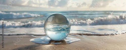 Water molecule containing a serene beach scene, highlighting the peaceful coexistence of water and land