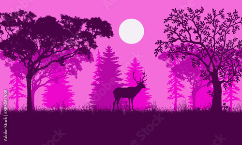 Silhouettes of trees and wild animals in the night forest