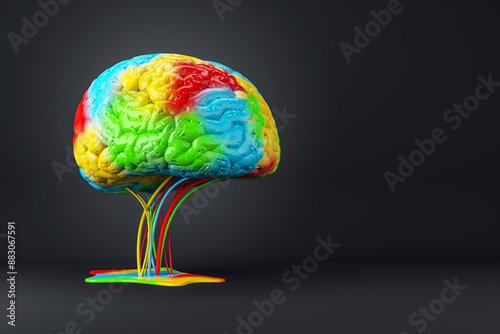 Φωτογραφία A colorful brain model with cables on dark background, concept of creativity and ideas