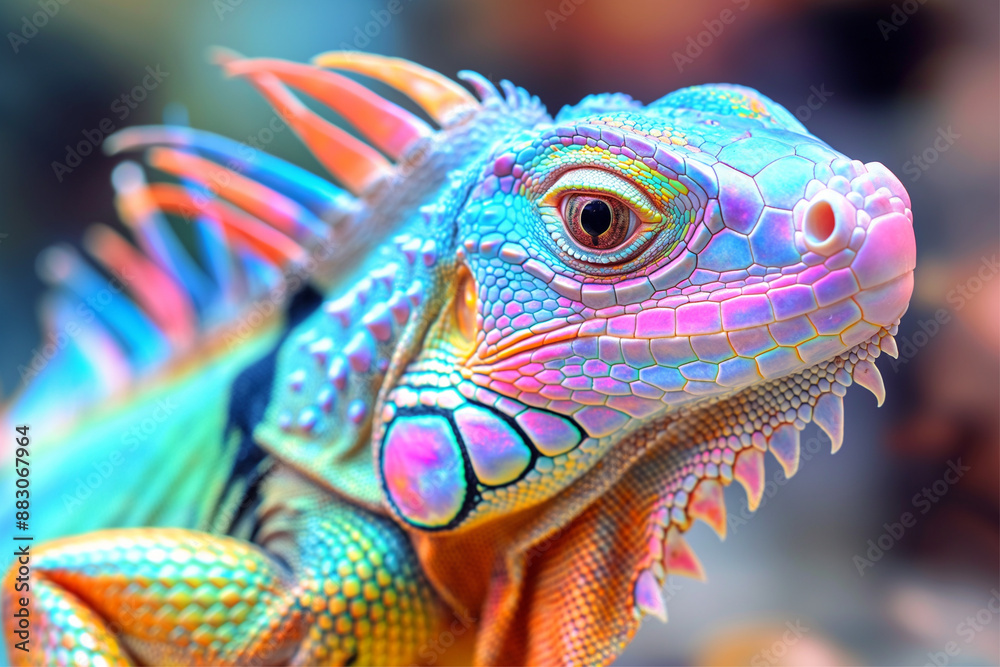 A stunning close-up of a colorful iguana, showcasing its vivid scales and intricate natural patterns beautifully. A stunning close-up of a colorful iguana, showcasing its vivid scales and intricate natural patterns beautifully.