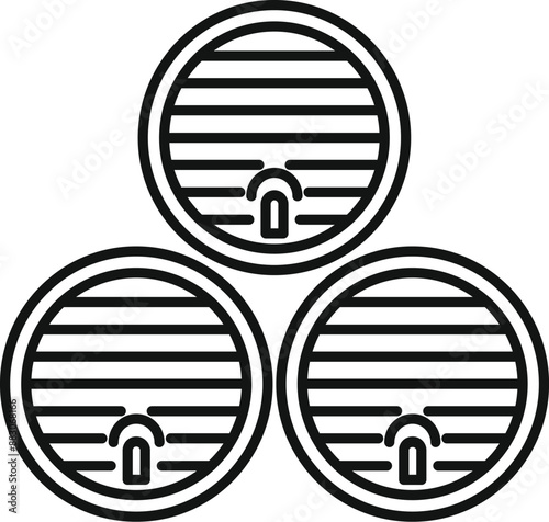 Three wooden barrels are stacked in a pyramid shape, representing winemaking, brewing, or storage of alcoholic beverages