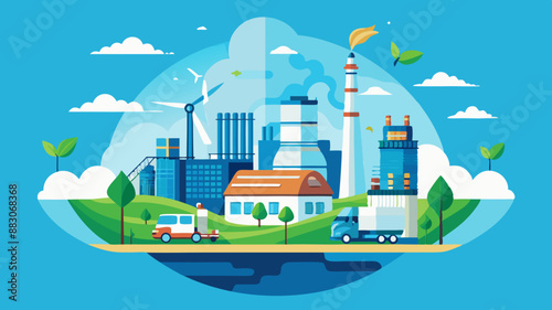 Green industry eco power for sustainable energy environmental friendly low carbon footprint. Green factory industry for good environment ozone air low carbon