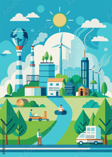 Green industry eco power for sustainable energy environmental friendly low carbon footprint. Green factory industry for good environment ozone air low carbon
