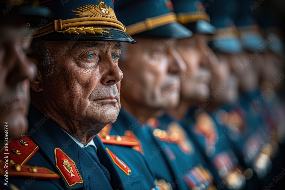 A row of senior military officers in uniform, highlighting a sense of discipline and honor. Focus on an older officer at the front. A row of senior military officers in uniform, highlighting a sense of discipline and honor. Focus on an older officer at the front.