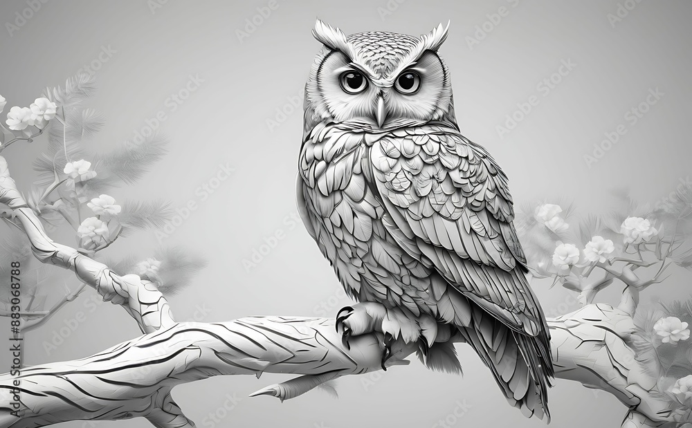 Owl sitting on a branch in the forest. Black and white illustration ...