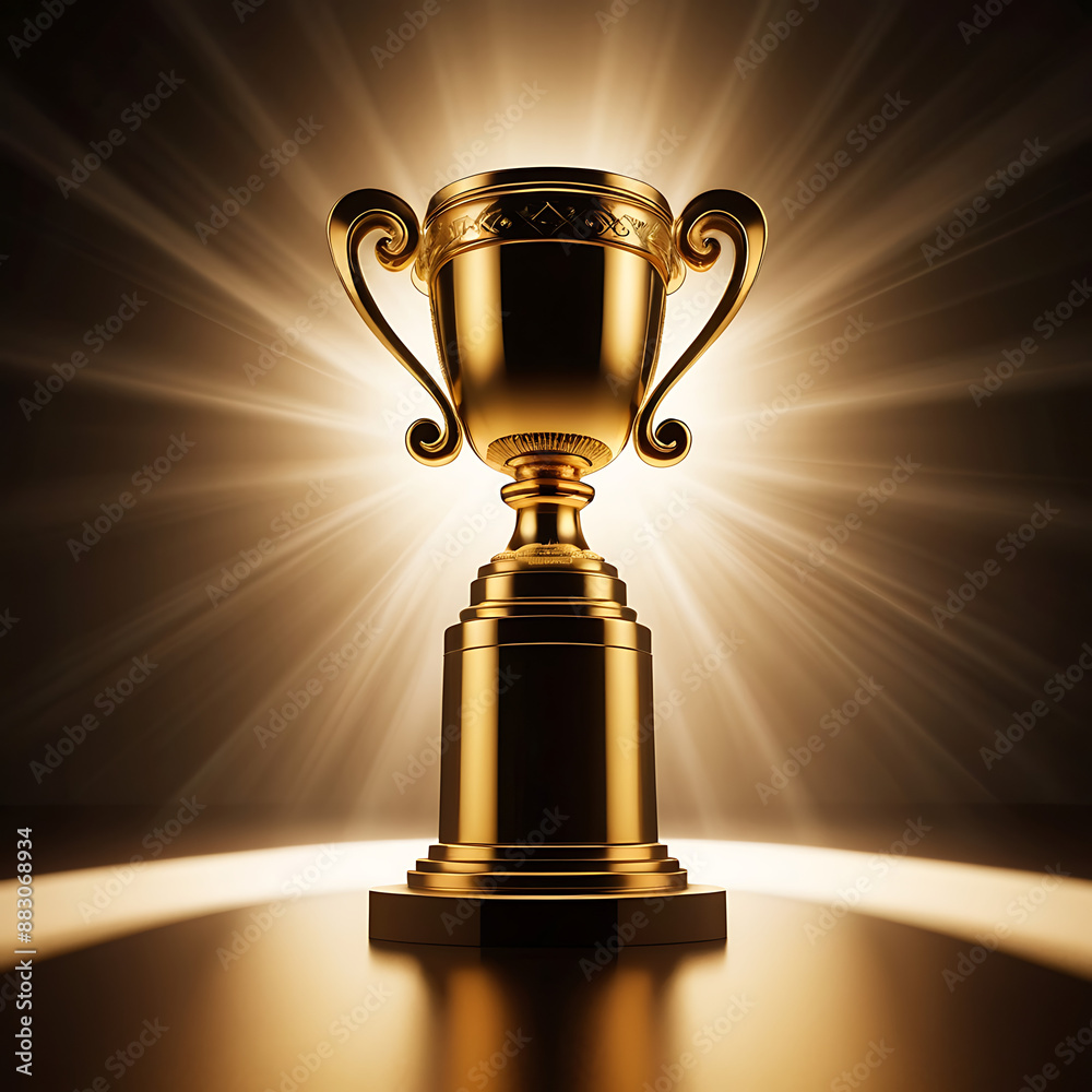 A golden trophy on a pedestal with spotlight beams highlighting it's importance with copy space A golden trophy on a pedestal with spotlight beams highlighting it's importance with copy space
